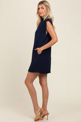 Navy Textured Knit Mock Neck Mini Dress