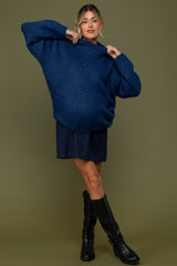 Navy Textured Knit Mock Neck Maternity Mini Dress