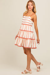 Rust Contrast Stripe Wavy Trim Dress