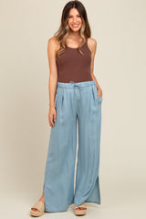 Light Blue Chambray Wide Leg Drawstring Maternity Pants