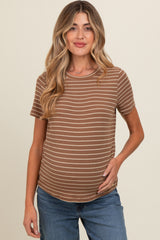 Brown Striped Short Sleeve Maternity Top