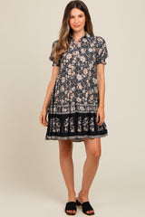 Black Floral Button Up Ruffle Hem Maternity Dress