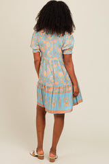 Light Blue Floral Button Up Ruffle Hem Dress