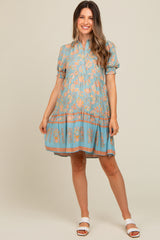 Light Blue Floral Button Up Ruffle Hem Maternity Dress