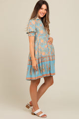 Light Blue Floral Button Up Ruffle Hem Maternity Dress