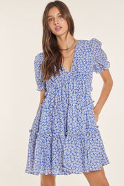 Blue Floral Puff Sleeve Babydoll Mini Dress