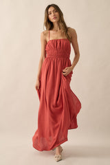 Rust Solid Gather-Bodice Straight-Neck Maxi Dress