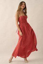 Rust Solid Gather-Bodice Straight-Neck Maxi Dress