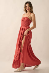 Rust Solid Gather-Bodice Straight-Neck Maxi Dress