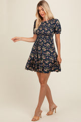 Navy Blue Floral Smocked Puff Sleeve Dress