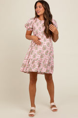 Light Pink Floral Smocked Puff Sleeve Maternity Dress