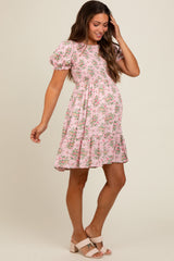 Light Pink Floral Smocked Puff Sleeve Maternity Dress