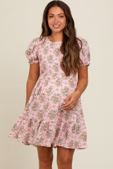 Light Pink Floral Smocked Puff Sleeve Maternity Dress