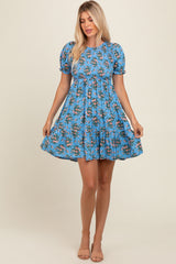 Blue Floral Smocked Puff Sleeve Maternity Dress