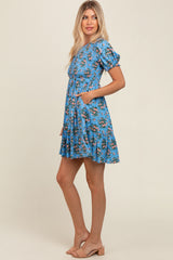 Blue Floral Smocked Puff Sleeve Dress