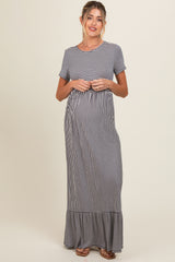 Navy Striped Short Sleeve Maternity Maxi Dress