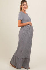 Navy Striped Short Sleeve Maternity Maxi Dress