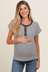 Black Mixed Stripe Henley Maternity Tee