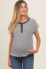 Black Mixed Stripe Henley Maternity Tee