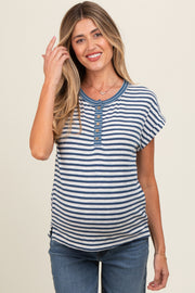 Blue Mixed Stripe Henley Maternity Tee