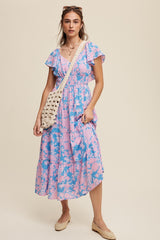 Blue Floral Print V-Neck Ruffle Sleeve Maxi Dress