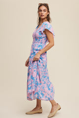 Blue Floral Print V-Neck Ruffle Sleeve Maxi Dress