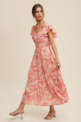 Light Mustard Floral Print V-Neck Ruffle Sleeve Maxi Dress