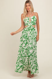 Green Printed Halter Cut-Out Maxi Dress