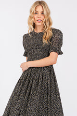 Black Printed Smocked Midi Dress