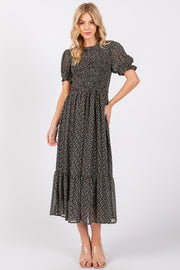 Black Printed Smocked Midi Dress