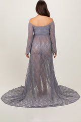 Gray Lace Long Sleeve Off Shoulder Slit Draped Maternity Photoshoot Dress