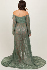 Light Olive Lace Off Shoulder Maternity Photoshoot Gown/Dress