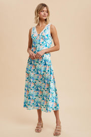 Blue Multi Satin Floral Sleeveless Midi Dress