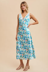 Blue Multi Satin Floral Sleeveless Midi Dress