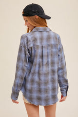 Dusty Blue Fringe Hem Oversized Plaid Button Down Shirt