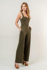 Dark Olive Sleeveless Fitted Jumpsuit With Pockets