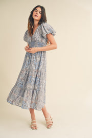 Blue Multi Paisley Bubble Sleeve Midi Dress