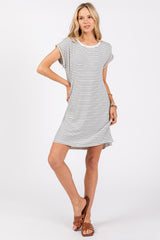 White Striped Maternity Side Slit T-Shirt Dress