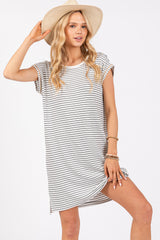 White Striped Maternity Side Slit T-Shirt Dress