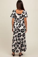 Black Floral Puff Sleeve Maternity Maxi Dress