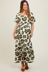 Olive Floral Puff Sleeve Maternity Maxi Dress