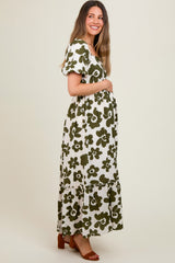 Olive Floral Puff Sleeve Maternity Maxi Dress