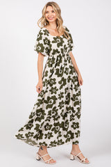 Olive Floral Puff Sleeve Maxi Dress