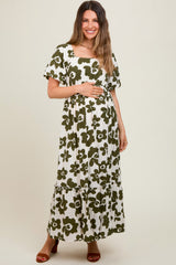 Olive Floral Puff Sleeve Maternity Maxi Dress