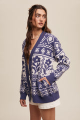 Navy Blue Printed Button Up Cardigan