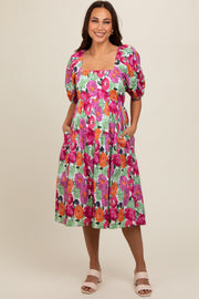 Magenta Floral Print Puff Sleeve Maternity Dress