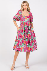 Magenta Floral Print Puff Sleeve Maternity Dress