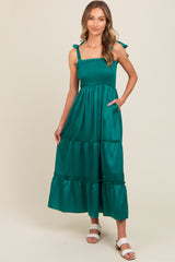 Forest Green Satin Smocked Maternity Maxi Dress