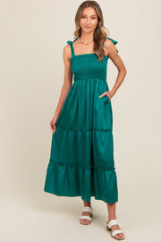 Forest Green Satin Smocked Maxi Dress