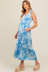 Blue Crochet Trim Floral Maternity Maxi Dress